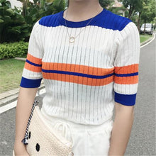 New Fashion Female Pullovers Knitted Short Sleeve O-neck Autumn Striped Patchwork Knitting Swear Off Slim Hot Sale 71663