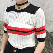 New Fashion Female Pullovers Knitted Short Sleeve O-neck Autumn Striped Patchwork Knitting Swear Off Slim Hot Sale 71663