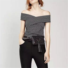 New Fashion Female Pullovers Knitted Short Sleeve V-neck Autumn Striped Knitting Swear Off Shoulder Hot Sale 71661