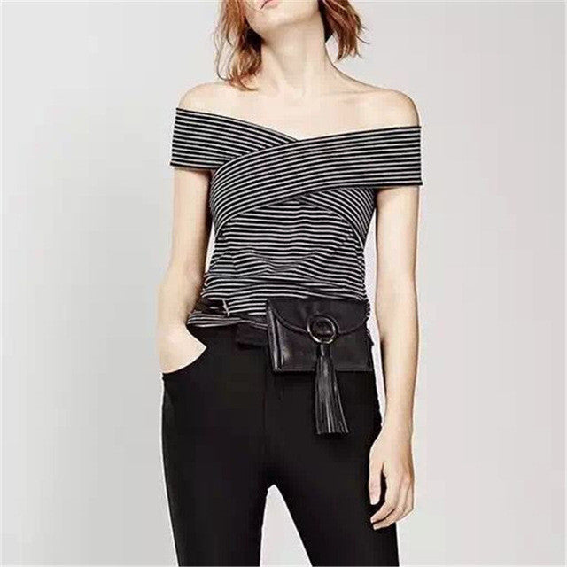 New Fashion Female Pullovers Knitted Short Sleeve V-neck Autumn Striped Knitting Swear Off Shoulder Hot Sale 71661
