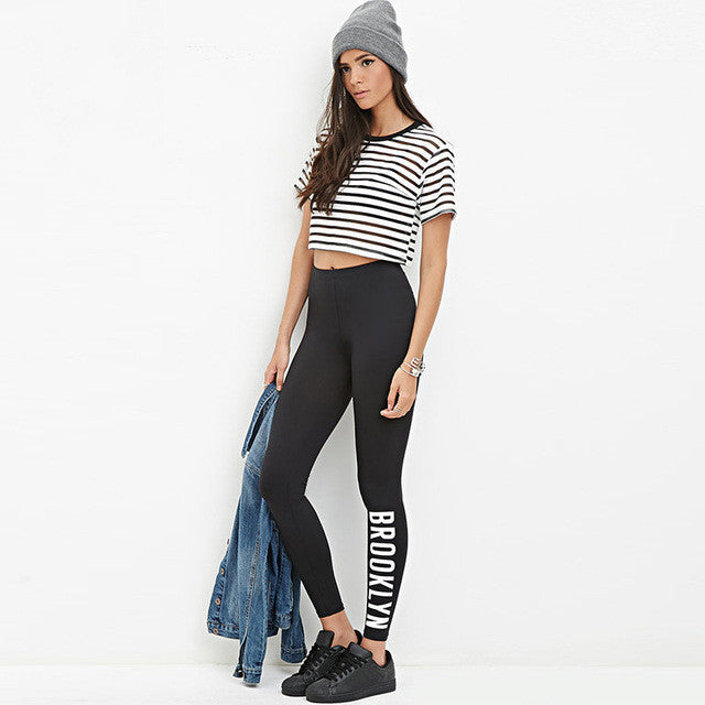 New Fashion Letter Printed Skinny Elastic Waist Pants Plus Size Full Length Pencil Pants 70202