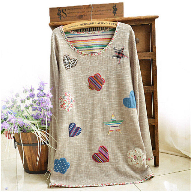 New Women Spring Autumn T-shirt With Flowers Appliques Printed Top Tees Long Sleeves Thicken Style Flocking Liner S-4XL 40532