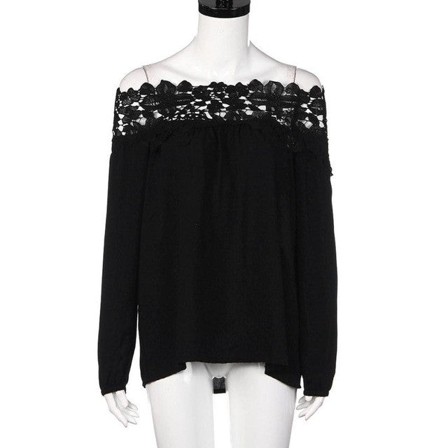 Off Shoulder Blouse Lace Floral Hollow Out Long Sleeve Spring Women Clothes Blusas Femininas Black Slim Blouses#121