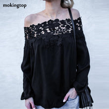 Off Shoulder Blouse Lace Floral Hollow Out Long Sleeve Spring Women Clothes Blusas Femininas Black Slim Blouses#121