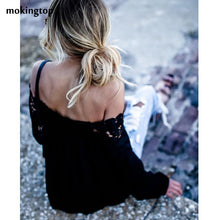 Off Shoulder Blouse Lace Floral Hollow Out Long Sleeve Spring Women Clothes Blusas Femininas Black Slim Blouses#121