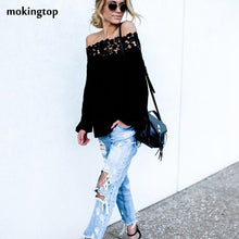 Off Shoulder Blouse Lace Floral Hollow Out Long Sleeve Spring Women Clothes Blusas Femininas Black Slim Blouses#121