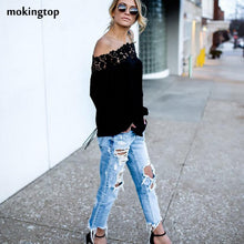 Off Shoulder Blouse Lace Floral Hollow Out Long Sleeve Spring Women Clothes Blusas Femininas Black Slim Blouses#121