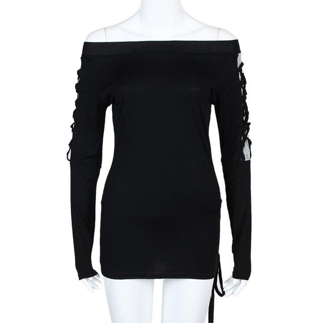 Off Shoulder Top Lace Cross Bandage Long Sleeve Blouse Sexy Strapless Neck Women AUtumn Blouse Ropa Mujer#C930
