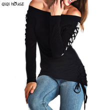 Off Shoulder Top Lace Cross Bandage Long Sleeve Blouse Sexy Strapless Neck Women AUtumn Blouse Ropa Mujer#C930