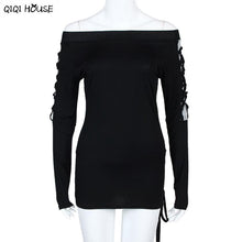 Off Shoulder Top Lace Cross Bandage Long Sleeve Blouse Sexy Strapless Neck Women AUtumn Blouse Ropa Mujer#C930