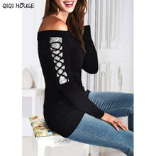 Off Shoulder Top Lace Cross Bandage Long Sleeve Blouse Sexy Strapless Neck Women AUtumn Blouse Ropa Mujer#C930