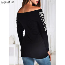 Off Shoulder Top Lace Cross Bandage Long Sleeve Blouse Sexy Strapless Neck Women AUtumn Blouse Ropa Mujer#C930