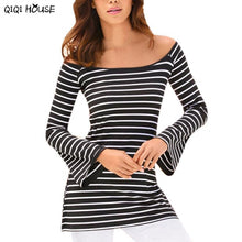 Off Shoulder Tops Striped Long Sleeve Sexy Slash neck Women Blouse Loose Basic Autumn Top Camisas Femininas 2016#C923