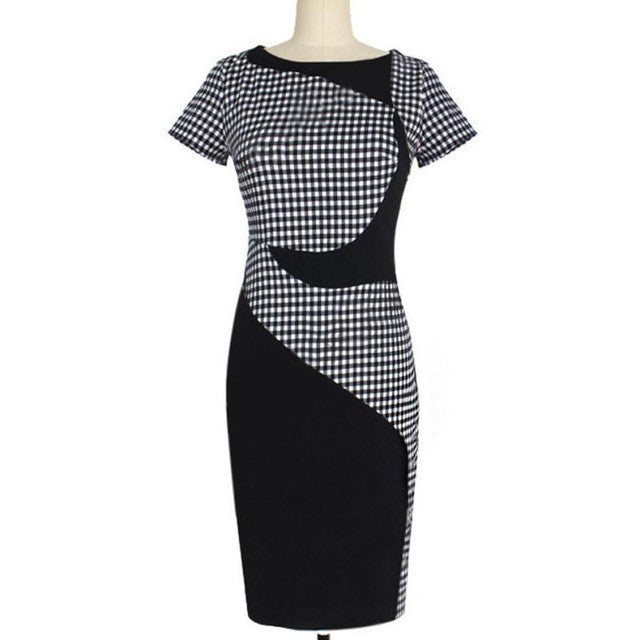 Office Dress Plaid Patchwork Slim Short Sleeve Dress Summer Ladies Elegant Dress Vestido Vintage Roupas#B718
