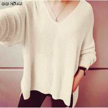 Oversized Sweater Solid Sexy V-Neck Long Sleeve Loose Autumn Outwear Pullovers Sweater Knitwear Casaco Feminino#C112