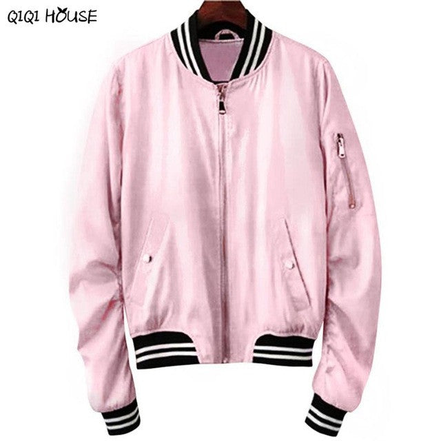 Pink Bombers Women Coats Long Sleeve Zipper Baseball Coats Casual Loose Women Jacket Abrigos De Mujer#C930