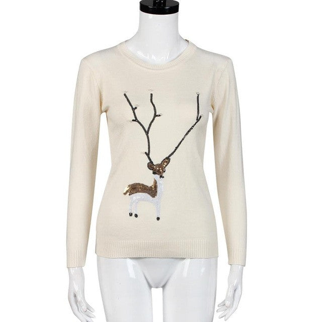 Red Christmas Sweater Women Deer Pearl Sequins Winter Autumn Pullovers Long Sleeve Pullover Chandail Femme#A12