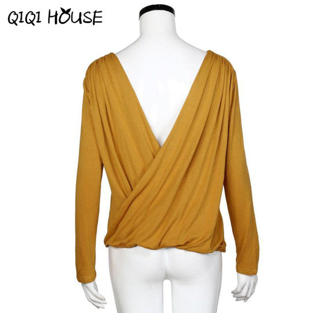 Ruffle Blouse Backless Blouse 2016 Autumn New Fashion Cross Drap Sexy Tops Women Shirt Solid Loose Top Blusas Feminina#C818
