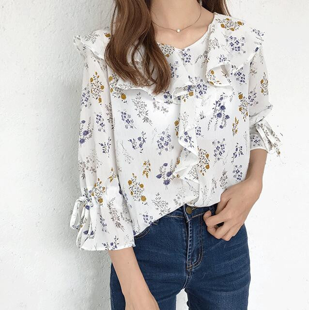 Ruffle Design Shirt 2017 Spring Summer Flower Printed shirts Short Flare Sleeves Chiffon Shirts Women's Clothing 33029