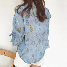 Ruffle Design Shirt 2017 Spring Summer Flower Printed shirts Short Flare Sleeves Chiffon Shirts Women's Clothing 33029