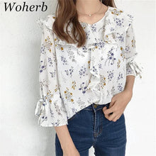 Ruffle Design Shirt 2017 Spring Summer Flower Printed shirts Short Flare Sleeves Chiffon Shirts Women's Clothing 33029