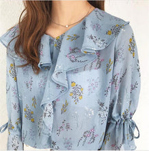 Ruffle Design Shirt 2017 Spring Summer Flower Printed shirts Short Flare Sleeves Chiffon Shirts Women's Clothing 33029