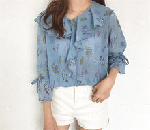 Ruffle Design Shirt 2017 Spring Summer Flower Printed shirts Short Flare Sleeves Chiffon Shirts Women's Clothing 33029