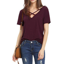 S-3XL Plus Size Women's Summer 2017 Cross Front Tee Tops V-Neck Casual Women Tee Shirt Short Sleeve Solid T Shirt Female #63