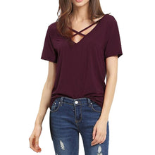 S-3XL Plus Size Women's Summer 2017 Cross Front Tee Tops V-Neck Casual Women Tee Shirt Short Sleeve Solid T Shirt Female #63