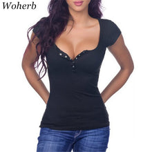 Sexy Deep V Neck Button Solid t-shirt 2017 New Fashion Woman T shirts Plus Size Short Sleeve Tops Tee 72686
