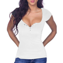 Sexy Deep V Neck Button Solid t-shirt 2017 New Fashion Woman T shirts Plus Size Short Sleeve Tops Tee 72686