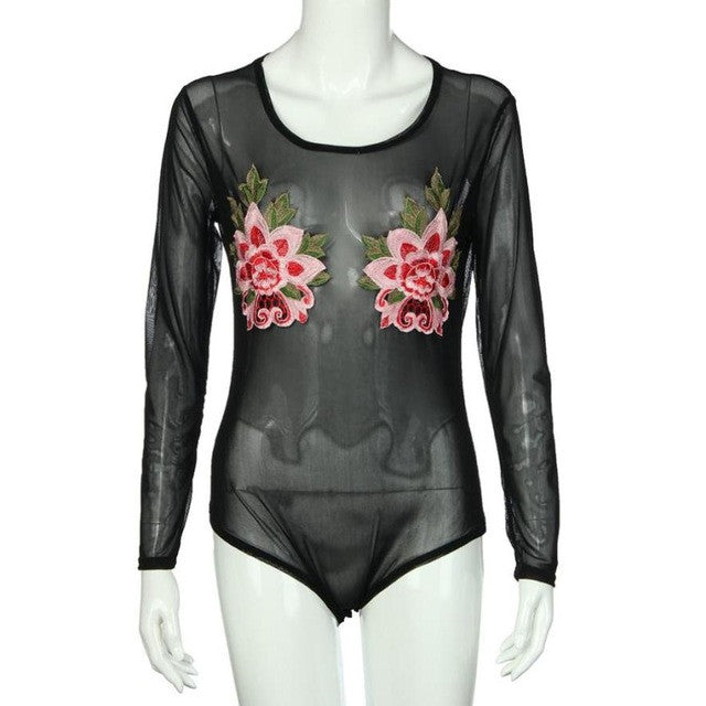 Sexy Long Sleeve Mesh Bodysuit Romper Women 2017 Embroidery Floral Bodycon Jumpsuit Overalls Ladies Summer One Piece Suit #23