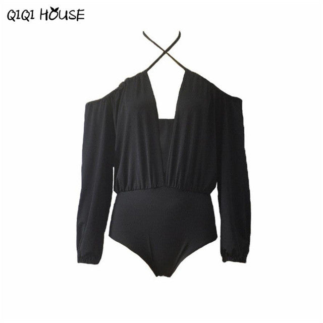 Sexy One Piece Outfits V Neck Long Sleeve Cross Halter Jumpsuit Summer Backless Off ShoulderJumpsuit 2016 Rompers#B811