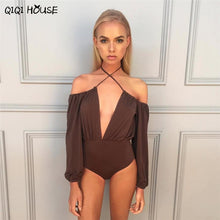 Sexy One Piece Outfits V Neck Long Sleeve Cross Halter Jumpsuit Summer Backless Off ShoulderJumpsuit 2016 Rompers#B811