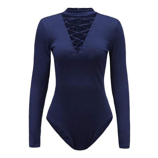 Sexy Rompers For Women Cross Bandage Bodysuit Long Sleeve Halter V-neck Sexy One Piece Outfits #A11