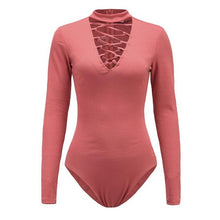 Sexy Rompers For Women Cross Bandage Bodysuit Long Sleeve Halter V-neck Sexy One Piece Outfits #A11