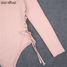 Sexy Rompers Long Sleeve Hollow Out Pink Slim One Piece Jumpsuit V-Neck Tops One Piece Bodysuits For Women#C905