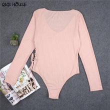 Sexy Rompers Long Sleeve Hollow Out Pink Slim One Piece Jumpsuit V-Neck Tops One Piece Bodysuits For Women#C905