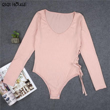 Sexy Rompers Long Sleeve Hollow Out Pink Slim One Piece Jumpsuit V-Neck Tops One Piece Bodysuits For Women#C905