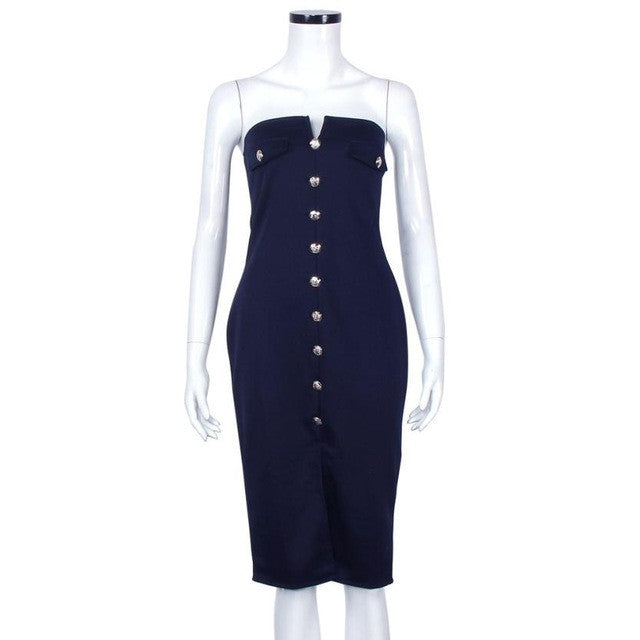 Sexy Summer Dress Button Uniform Style Strapless Off the Shoulder Split Knee-Length Dress Vestidos Femininos#B620