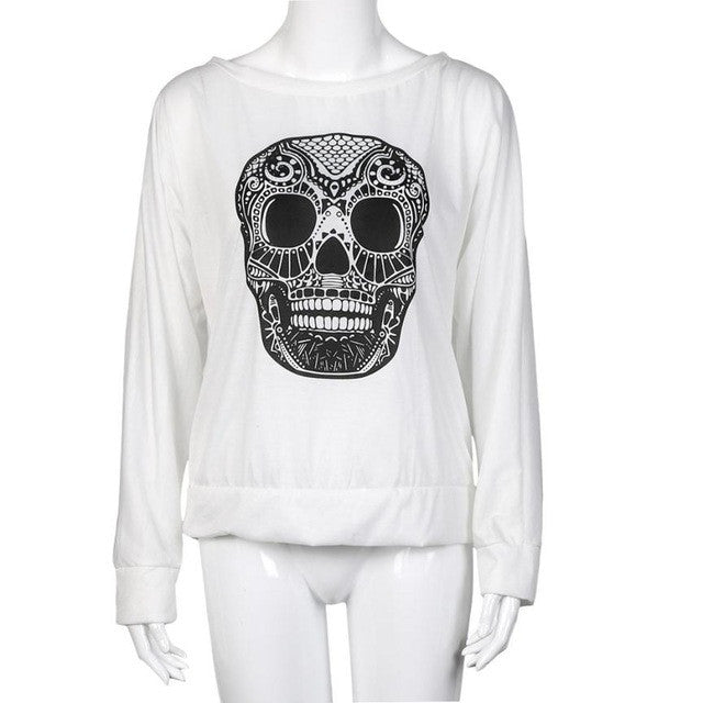 Skull Printing Top Women Loose Sexy Women Long Sleeve Casual Blouse Pullovers Autumn Basic Top Camisas Femininas 2016#C928