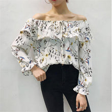 Slash Neck Floral Blouse Shirts for Women Summer 2017 Butterfly Sleeves Chiffon Shirts Female Strapless Chic Tops 33056