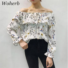 Slash Neck Floral Blouse Shirts for Women Summer 2017 Butterfly Sleeves Chiffon Shirts Female Strapless Chic Tops 33056