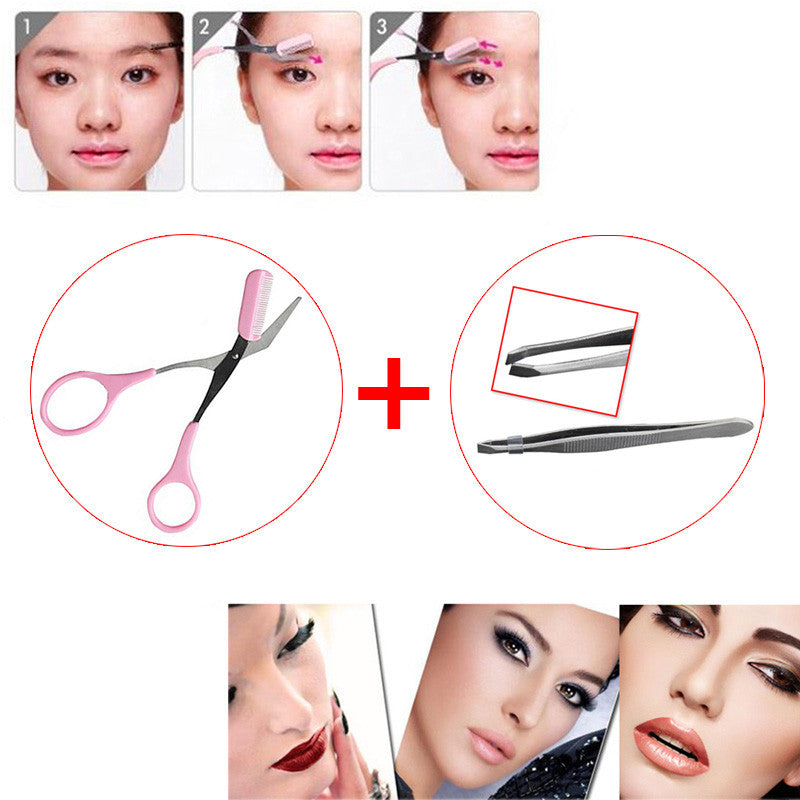 Stainless Steel Eyebrow Clip Tweezer + Eyebrow Trimmer Hair Scissors Eyelash Comb Remover Beauty Tool