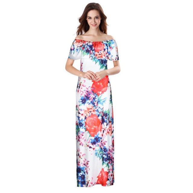 Summer 2017 Fahsion Boho Beach Style Women Off Shoulder Sleeveless Floral Printed Ruffles Dress Strapless Elegant Long Dress #23