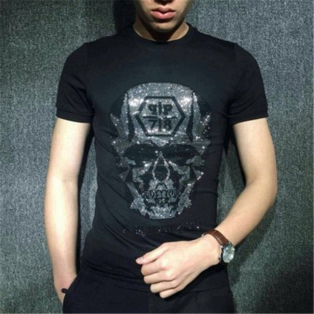 Summer 2017 New Cool T shirts Letter Skull Diamonds t-shirt Short Sleeve Casual Plus Size tops 2250