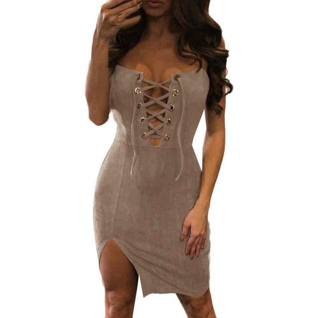Summer 2017 Womens Dresses Bandage Sexy Bodycon Lace Up V Neck Cocktail Ladies Split Party Dresses vestidos mujer #63