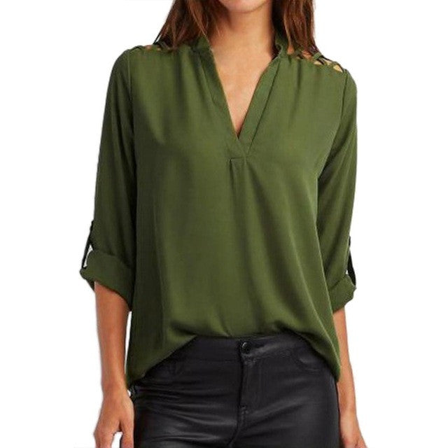 Summer Blouses Women Chiffon Tops 2017 Solid Tab-Sleeve Hollow Out BlouseShirt Tops Ladies camisetas mujer #03