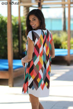 Summer Ladies Dresses Multicolor Geometric Short Sleeve Mini Dress Bodycon Sheath Office Dress Vestiti Donna Eleganti#A913