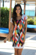 Summer Ladies Dresses Multicolor Geometric Short Sleeve Mini Dress Bodycon Sheath Office Dress Vestiti Donna Eleganti#A913